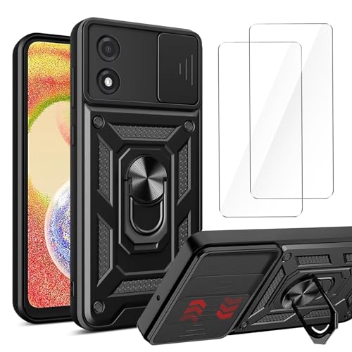 Cover per Motorola Moto G04 4G Moto G24 4G 6.56 + 2 x Pellicola Protettiva in Vetro Temperato - Custodia antiurto con Staffa Ruotabile a 360° Doppio strato PC + TPU Case Nero