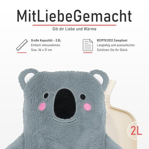 Groß Wärmflasche mit weichem Bezug - Plüsch Wärmeflasche mit Flauschig 2L, Wärmflaschen mit Handwärmer, Bettflasche für Frauen Männer