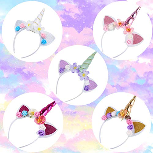 Vanteriam 5Pcs Glitter Unicorn Horn Headband, Flower Ears Unicorn Headbands For Girls, Birthday Unicorn Party Supplies, Cosplay Costume #TOP4