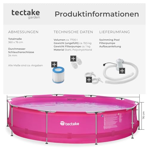 tectake® Swimming Pool, Aufstellpool Komplettset groß, Swimmingpool rund, Leichter Auf- und Abbau, Schwimmpool für Garten, Planschbecken groß Ø 360 x 76 cm - pink