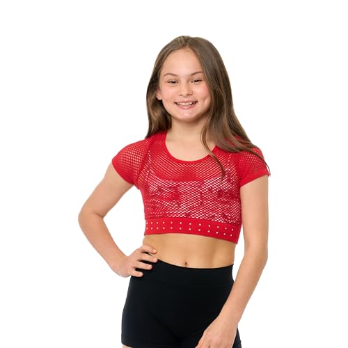 Image of Malibu Sugar Girls Mesh Crop Top Sparkling Rhinestone Dance Outfits for Girls - Short Sleeve Breathable Activewear Ages 7-14