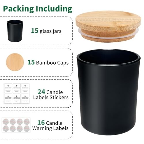 SUPMIND 15 Pack Candle Glass Jars- 7OZ Matt Black Empty Candle Jars with Bamboo Lids and Candle Labels, Bulk Candle Containers for Making Candles - Dishwasher Safe