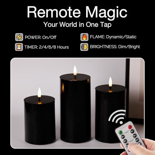 Eywamage Black Flameless Halloween Pillar Candles with Remote, Real Wax Flickering LED Battery Candles Set of 3
