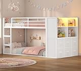 BTHFST Bunk Bed Twin Over Twin with 6 Large Fabric Drawers & 4 Wooden Storage Bookshelf Organizer, Metal Low Bunk Bed for Kids with LED Lights & Safety Ladder and Guardrail, Space Saving