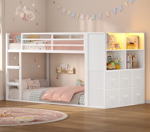 BTHFST Bunk Bed Twin Over Twin with 6 Large Fabric Drawers & 4 Wooden Storage Bookshelf Organizer, Metal Low Bunk Bed for Kids with LED Lights &...