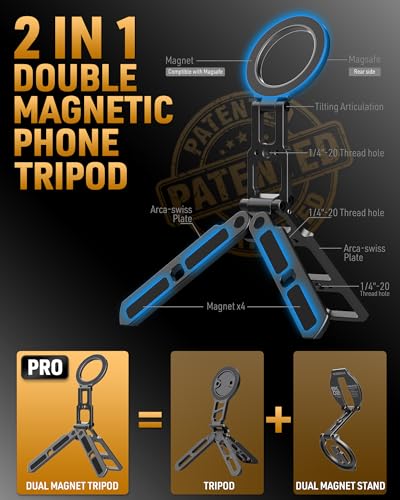 Image of MOSENVKA Magnetic Phone Tripod for MagSafe with Dual Magnet Base | Foldable Pocket Stand for iPhone 17 /16 /15 Pro, Plus & Max. Travel, Gym and Recording US Patent Registered