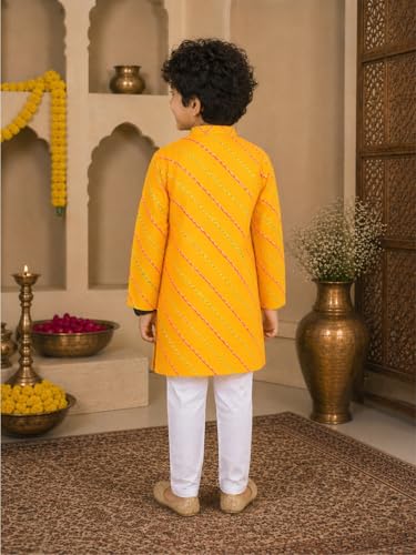 Image of superminis Cotton Boys Sanganeri Lehariya Printed Kurta Set with White Pyjama Elastic Closure