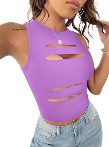 Image of LovelyWholesale Women Sexy Cut Out Crop Tank Tops Crew Neck Summer Sleeveless Top