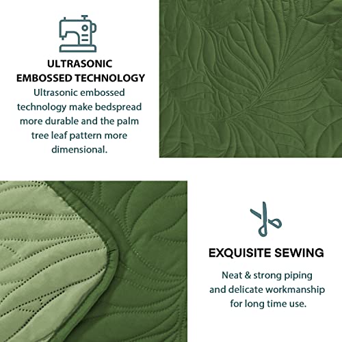 Hig 3 Pieces Reversible Over - Sized Bedspread Set With Palm Tree Leaf, Green Tropical Light Weight Ultrasonic Embossed Quilt Set, King Modern Summer Coverlet For Bedroom, Microfiber (Sophia) #TOP3