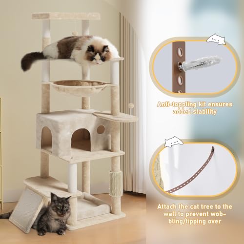 Image of Large Multi-Level Cat Tree, 66 Inches Tall Cat Tower with Scratching Posts, Condo, Hammock, Dangling Ball, and Extended Platform for Cats to Play and Sleep,Beige Cat Bed