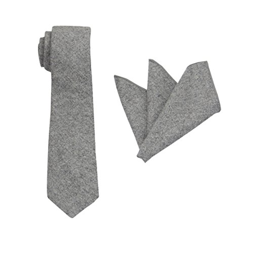 Mens Solid Wool Tie Set : Slim Necktie with Matching Pocket Square (Light Gray)