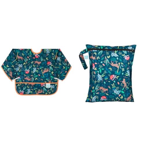 Image of Bumkins Sleeved Bib and Waterproof Wet Bag for Baby, Travel, Swim Suit, Cloth Diapers, Pump Parts, Pool, Gym Clothes, Toiletry, Strap to Stroller, Daycare, Zipper Reusable Bag, Jungle