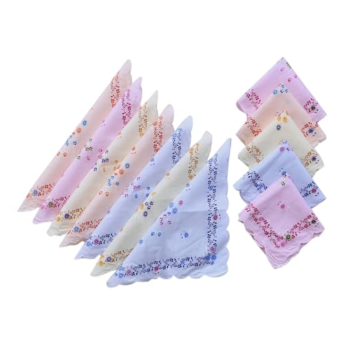 DIKHAWA 100% Cotton Women's Cut Work Border Light Colored Floral Handkerchiefs/Soft Cotton Hankies for Girls (30CM X 30CM)
