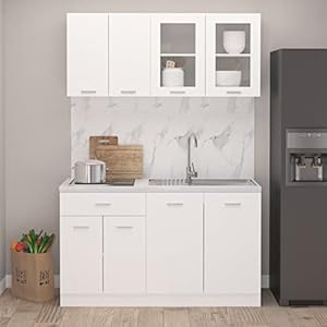 ZEYUAN 4-delige kitchenette, inbouwkeuken, complete keuken, inbouwkeuken, enkele keuken compleet, kleine keukenblok, witte spaanplaat