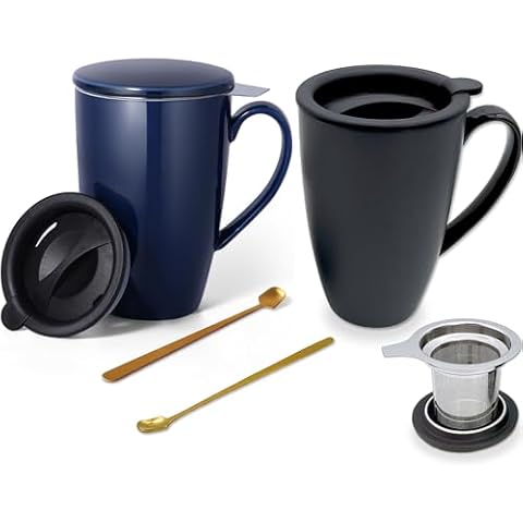 YumKubis Tea Mug with Infuser and Lid Set of 2, 17oz Large Tea Infuser Cup for Loose Leaf, Tea Strainer Cup with Spoon & Silicone Lid Cover