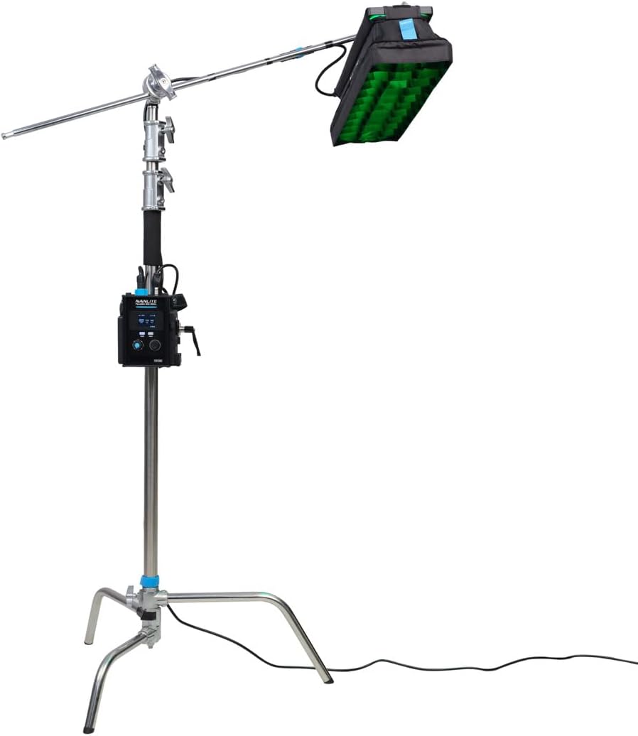 Nanlite PavoSlim 60CL LED Panel mounted on a C-stand, emitting green light, demonstrating a typical setup.