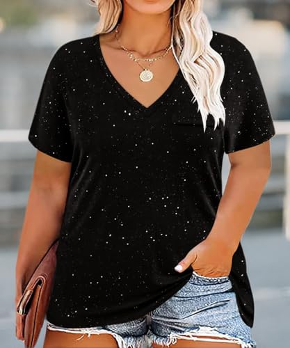 CARCOS Womens Plus Size Tops Basic Summer Shirts Short Sleeve V Neck Tunics Casual T-Shirt Loose Fits XL-5XL4