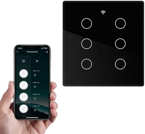 Interruptor Touch Wi-Fi Inteligente, 6 Módulos, Painel de Controle 10x10 cm, Preto