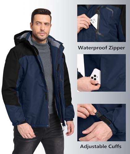 Image of Mens Winter Jackets Waterproof Warm Fleece Ski Jacket with Hood Thermal Windproof Coat Zip Pockets
