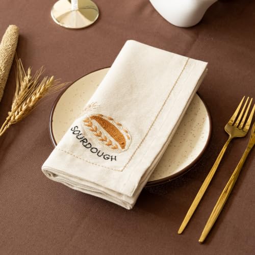 Image of Sourdough & Baguette Embroidered Napkins Set of 6,18x18 Inch, Reusable & Washable Napkins for Dining Table, Tea, Cocktails & Table Decor - Artisan Bakery Embroidered