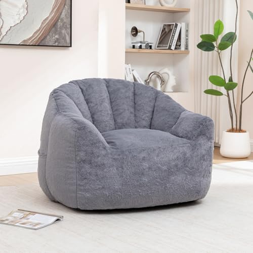 Image of Bean Bag Chair with Arms for Adults - Furry Lazy Sofa, Armrests Stuffed High-Density Foam Filler Chair, Small Cozy Reading in Bedroom Living Room and Dorms (Grey)