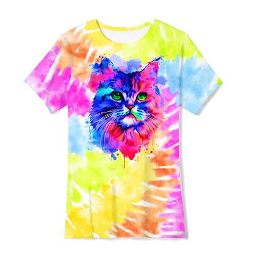 SunFoucs Girls Kids Shirts Size 5-12 Tie Dye Casual Tshirt Short Sleeve Crewneck Tee Top, Cat 01, 7-8 Years