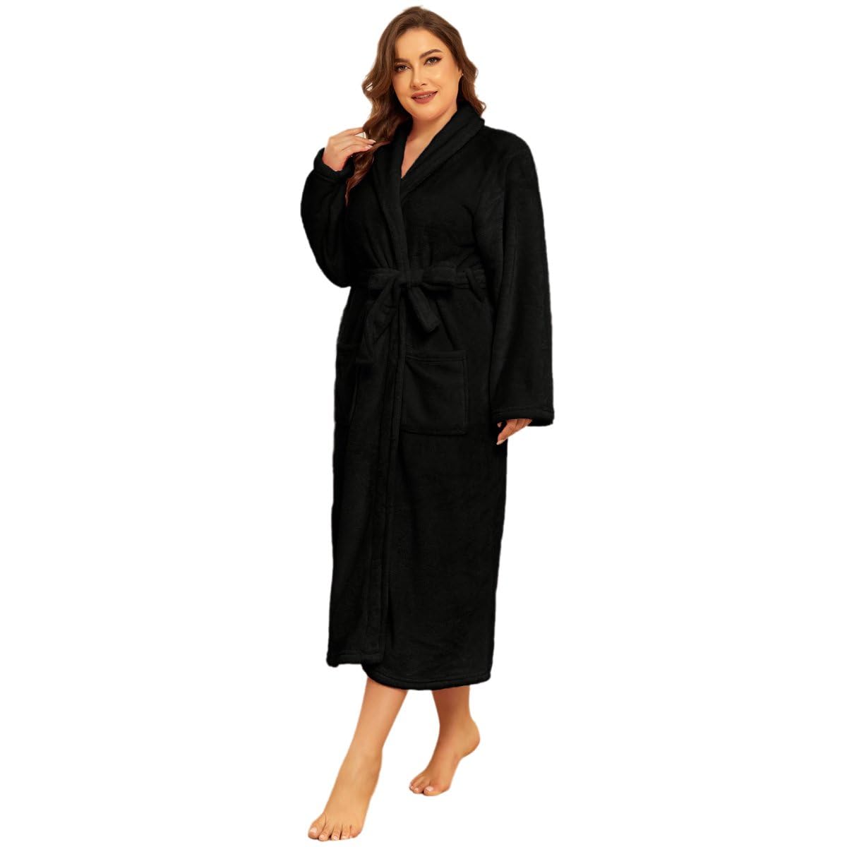 RONGTAI Women's Plus Size Fleece Robe Soft Thermal Bathrobe with Pockets and Belt,Solid Color Shawl Collar Robe