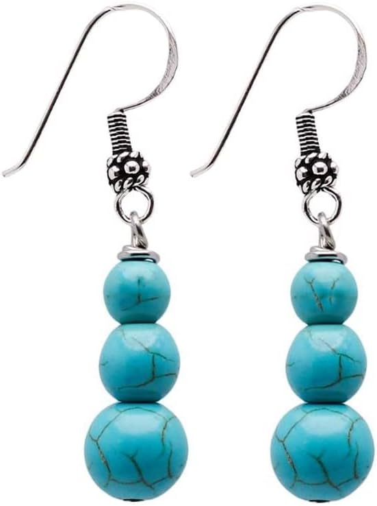 VN JewelryVN Jewelry Handmade Women's Natural Gemstone Triple Beads and Sterling Silver Dangle Drop Earrings | Gemstone Beaded Dangle Earrings Gift Ideas for Women, Girls (Blue Turquoise)