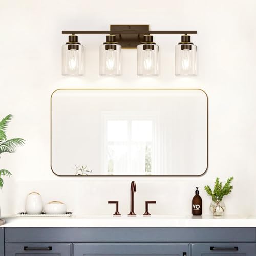 Image of Indoi 4-Light Bathroom Light Fixtures, Oil-Rubbed Bronze Modern Vanity Lights with Clear Glass Shades, Bathroom Wall Lamp for Mirror Living Room Cabinet Bedroom Porch