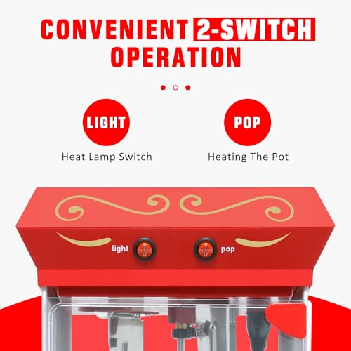 Image of Popcorn Machine 8 Oz Vintage Popcorn Maker with Cart for Home, Red | Small Dual Switch Control, Easy to Use /Clean, Retro Design, Quick Heat, Great for Home Theater Parties
