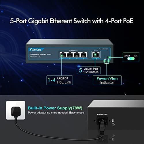 YuanLey 5 Port Gigabit PoE Switch with 4 Port PoE+, 802.3af/at 78W Built-in Power, Fanless Metal Unmanaged Plug & Play