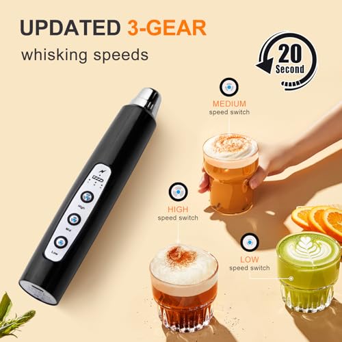Image of YUSWKO Handheld Milk Frother Wand for Coffee, Rechargeable Electric Whisk with 3 Heads 3 Speeds Drink Mixer Coffee Frother For Latte, Cappuccino, Hot Chocolate, Egg (Without Stand, Light Black)