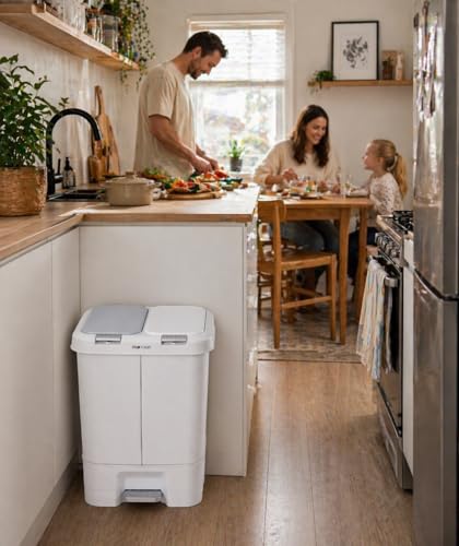 Image of Step N' Sort 2 x 5.5 Gallon, Dual Trash and Recycling Bin with Slow Close Lid, White, 40 Liter (SNS402-W)