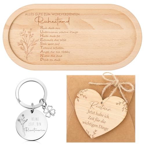 Otuuz 4 Stück Rente Geschenk Rentnerin Geschenke Ruhestand Oval Graviertes Holztablett Herzförmige Holzplakette Pension Abschiedsgeschenk für Frauen Kollegen Lehrer Renteneintritt