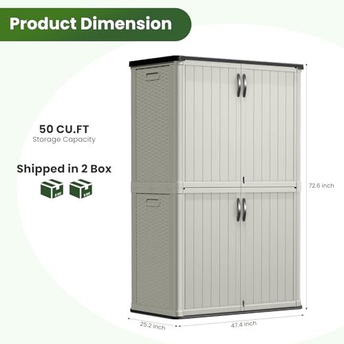 Image of Greesum Outdoor Storage Shed Without Divider, 50 cu.ft Outdoor Waterproof Storage Cabinet for Garden Tools, Garbage Cans, Pool Storage, Beige
