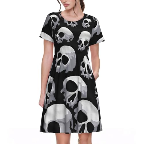 Robe d'été élégante manches courtes à imprimé crâne alternatif et moderne