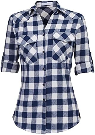 UNibelle Trachtenbluse Damen Oktoberfest Bluse Langarm Kariert Trachtenhemd | V-Ausschnitt Hemden | Karohemd HolzfäLlerhemd | Knopfleiste Oberteile | 3/4 Ärmeln Karo Hemd | Casual