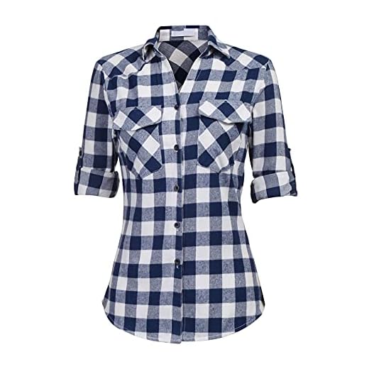 UNibelle Rutig skjorta dam lång/justerbar ärm topp rutig skjorta blus bomull Gingham skjorta med knapplist, Mörkblå, M