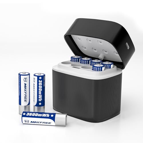 Maxfree 8-Pack Rechargeable AA Lithium Batteries with Charger – Dual-Purpose Charger for AA Lithium & NiMH – 1.5V 3600mWh Double A Batteries with LED Display – Fast Charging for Remotes, Cameras, Toys