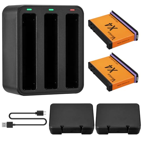 Vemico Battery Charger for Insta360 X4 2-Pack 2500mAh X4 Batteries and 3-Channel USB-C Fast Charger Case Compatible with 360 X4 Action Camera Batteries (Not for 360 X4 Air)
