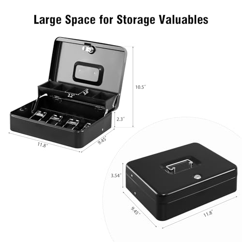 Image of KYODOLED Cash Box with Top Key Lock-0.7mm Metal Money Box for Flea Market Vendors, Craft Fairs & Small Business, Portable Cash Drawer with Auto-Pop Coin Tray & Windproof Bill Clips (11.8 inch, Black)