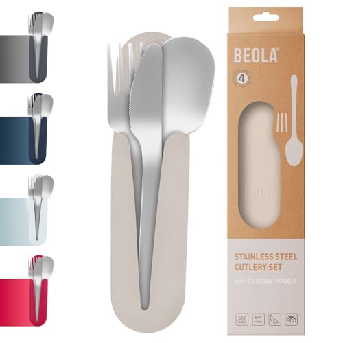 BEOLA Stainless Steel Cutlery Set with Silicone Case, Travel Utensils with Pouch, Reusable Fork Spoon and Knife, Cutlery for Lunch Box Kids School, Camping Outdoor, Set of 4pcs (Sand Dune)