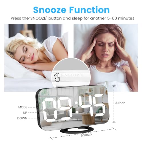Digital Alarm Clock,Large Display LED and Mirror Desk Clock with Dual USB Charger Ports, 3 Levels Brightness,12/24H Alarm Clocks, Modern Electronic Clock for Bedroom Living Room Office-Black - Image 5