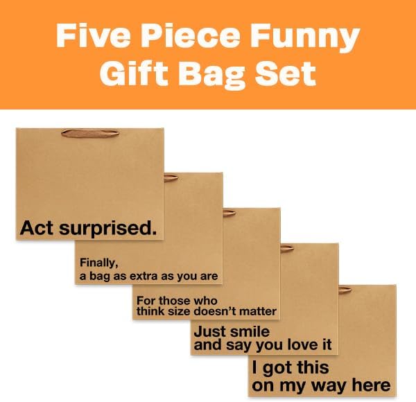 MilkToast Brands Funny Gift Bags with Sarcastic Phrases - 5-Pack Large Kraft Paper Bags with Handles, 16" x 6" x 12" Size for Mother's Day, Birthdays, Graduation & Holidays