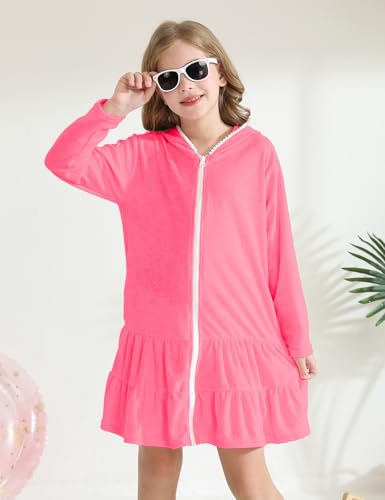 Image of Girls Swim Cover Up Kids Long Sleeve Swimsuit Coverup Terry Beach Pool Clothes with Sunglasses