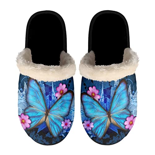 SEANATIVE Zapatillas de casa para mujeres y hombres, zapatos de dormitorio antideslizantes para interiores con suela antideslizante, mariposa azul, X-Large