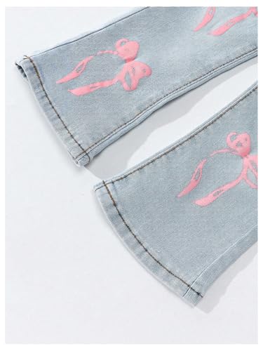 MakeMeChic Girl's Bow Print Bell Bottom Jeans Flared Leg Y2K Denim Pants Streetwear4