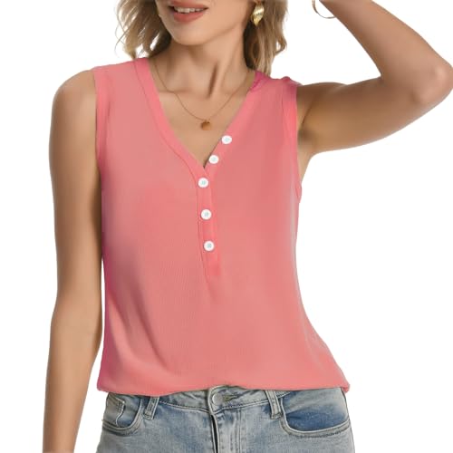 Womens Sexy V Neck Tank Tops Sleeveless Button Henley Shirts Button Ribbed Cami Top Blouses Going Out T Shirt