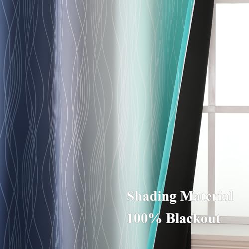 Estelar Textiler Navy Blue and Teal Blackout Curtains 72 Inch Length 2 Panels Set, Full Room Darkening Grommet Ombre Curtains for Bedroom, Thermal Insulated Light Blocking Gradient Drapes, 52Wx72L