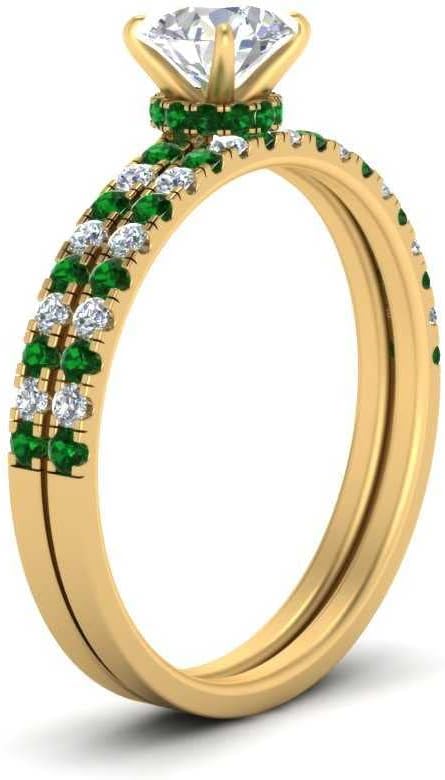 Hidden Halo Half Way Wedding Ring Set Yellow Gold Plated Created Emerald Round Shape Green Color Wedding Ring Sets Prong Setting in Size 12 Handcraft Chakra Healing